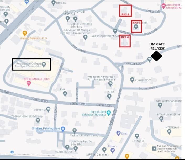 A map of Seksyen 16, Petaling Jaya. RKS 4, RKS 5 and RKS 6 are marked, along with the Universiti Malaya gate at FBL and KK9 and Kolej Kediaman Tun Syed Zahiruddin.